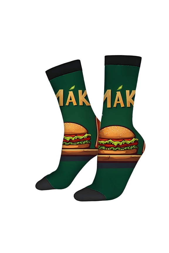 Unisex Trendy Socks - 2 Pairs with Fun Hamburger Design Bold ' MAK ' Text Black Toe Caps & Cuffs Perfect for All Seasons