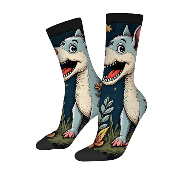 Unisex Trendy Socks - 2 Pairs with Happy Cartoon Dog Design Light Blue Body Fluffy White Face Perfect for All Seasons