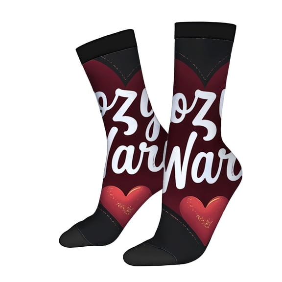 Unisex Trendy Socks - 2 Pairs with Maroon Background Black Toe Caps White Cursive ' Zog7 Warwar ' & Red Hearts - Festive & Romantic Design