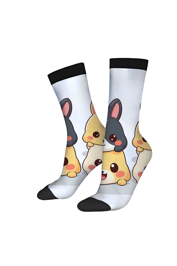 Unisex Trendy Socks - 2 Pairs with Playful Cartoon Rabbits Design Black & Yellow on White Stylish Black Toe Caps & Cuffs