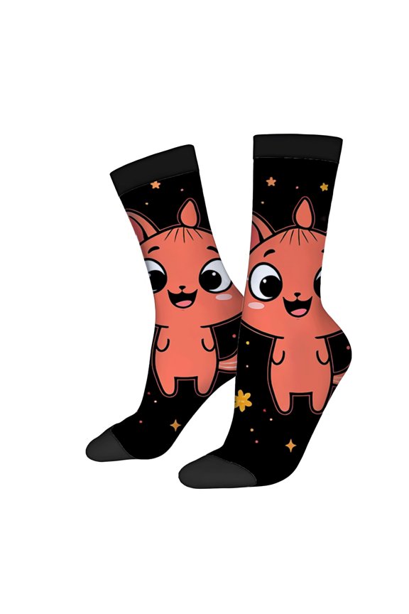 Unisex Trendy Socks - 2 Pairs with Playful Cartoon Red Squirrel Design on Black Background with Yellow Stars - Perfect for All Seasons