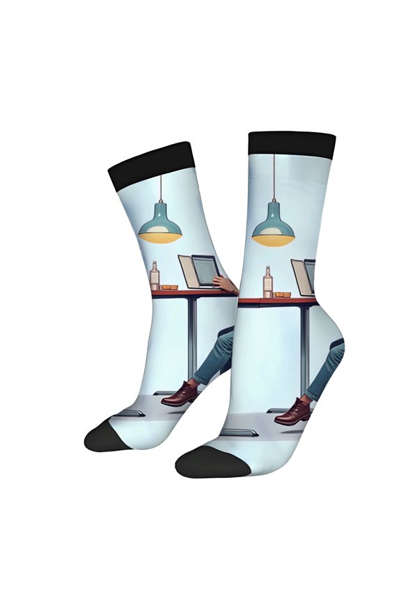 Unisex Trendy Socks - 2 Pairs with Playful Desk Design Featuring Laptop Bottle & Lamp Perfect for All Seasons Mixed Colors