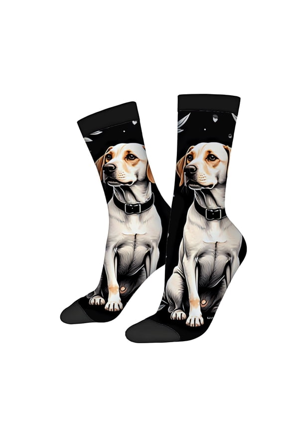 Unisex Trendy Socks - 2 Pairs with Playful Labrador Design on Black Background Perfect for All Seasons