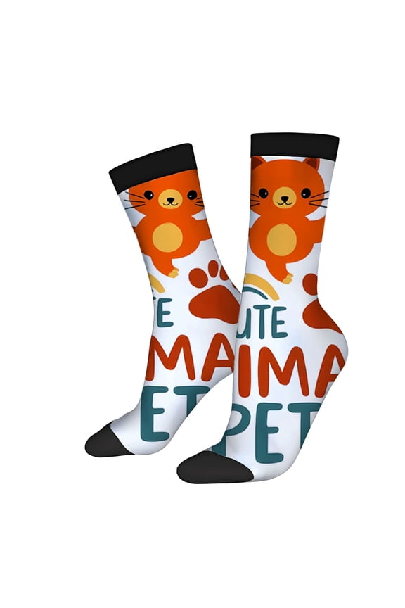 Unisex Trendy Socks - 2 Pairs with Playful Orange Cat Design Smiling Face Print Bold ' THE MAI MA TE PET ' Text Perfect for All Seasons