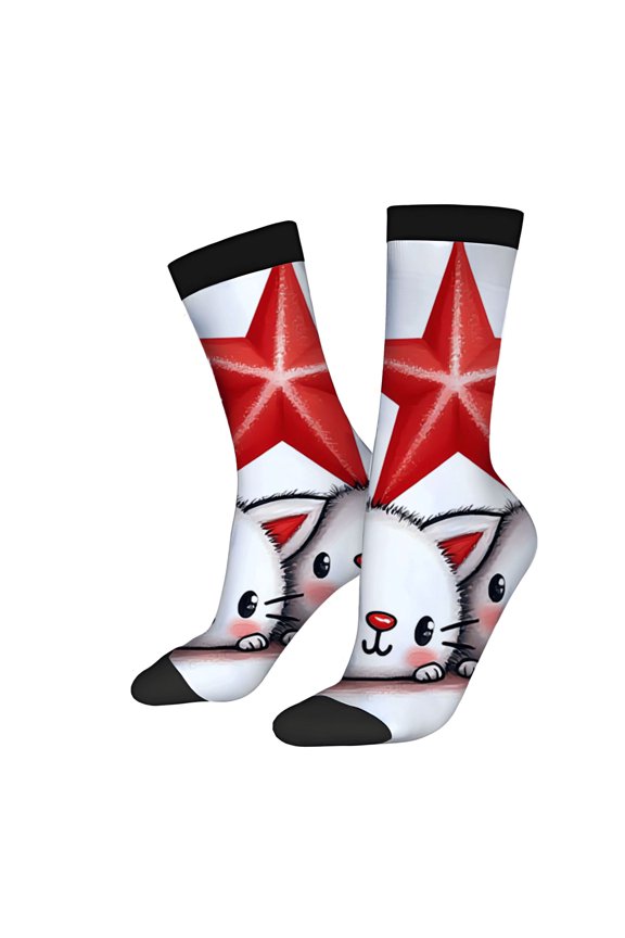 Unisex Trendy Socks - 2 Pairs with Playful Red Star & Cute Rabbit Design Black Toe Caps Perfect for All Seasons