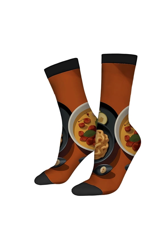 Unisex Trendy Socks - 2 Pairs with Playful Soup Design: Orange Background Realistic of Soup with Beans & Veggies Perfect for All Seasons