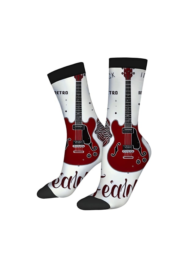Unisex Trendy Socks - 2 Pairs with Red Electric Guitar Design Retro Aesthetic Mixed Colors Perfect for All Seasons
