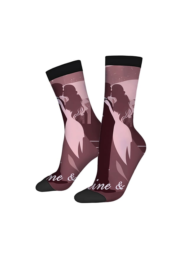 Unisex Trendy Socks - 2 Pairs with Romantic Couple Dancing Silhouettes Love in Cursive Dreamy Pink & Purple Gradient Design