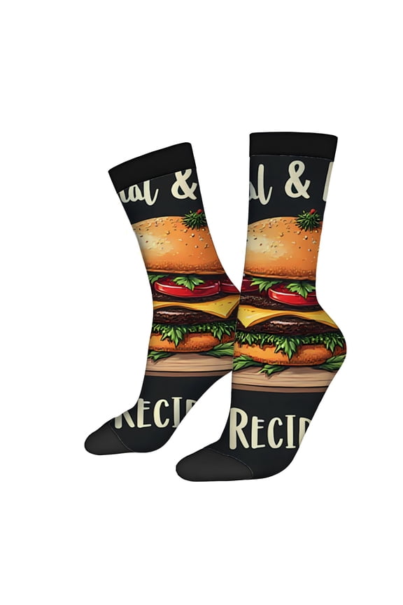 Unisex Trendy Socks - 2 Pairs with Vibrant Hamburger Design Black Background Perfect for All Seasons Fun and Colorful
