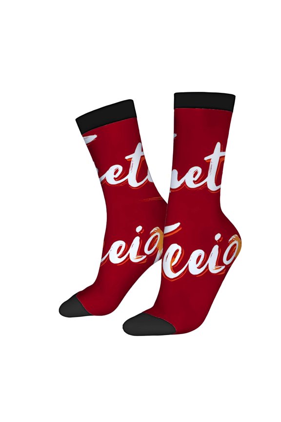 Unisex Trendy Socks - 2 Pairs with Vibrant Red Background White Cursive Text Black Toe Caps & Cuffs Perfect for All Seasons