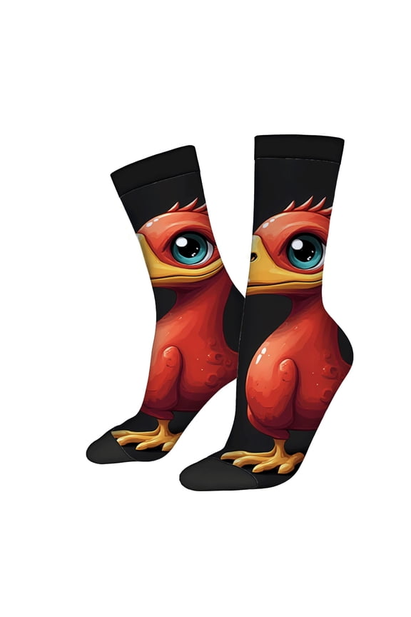 Unisex Trendy Socks - 2 Pairs with Vibrant Red Bird Design Expressive Eyes & Yellow on Black Background Perfect for All Seasons