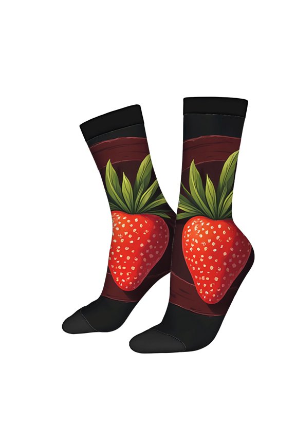 Unisex Trendy Socks - 2 Pairs with Vibrant Strawberry Design on Black & Brown Background Perfect for All Seasons