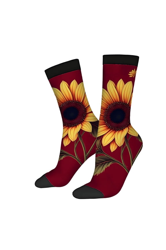 Unisex Trendy Socks - 2 Pairs with Vibrant Sunflower Design on Deep Red Black Toe Caps & Cuffs Perfect for All Seasons