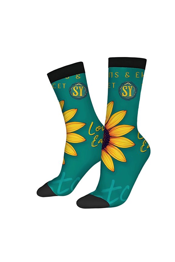 Unisex Trendy Socks - 2 Pairs with Vibrant Teal Sunflower Design ' Love ' Cursive Black Toe Caps Perfect for All Seasons