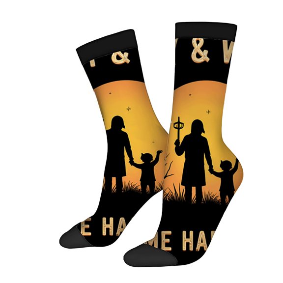 Unisex Trendy Socks - 2 Pairs with Warm Sunset Design Silhouettes of Woman ' HOME IS HAPPY ' - Perfect for All Seasons