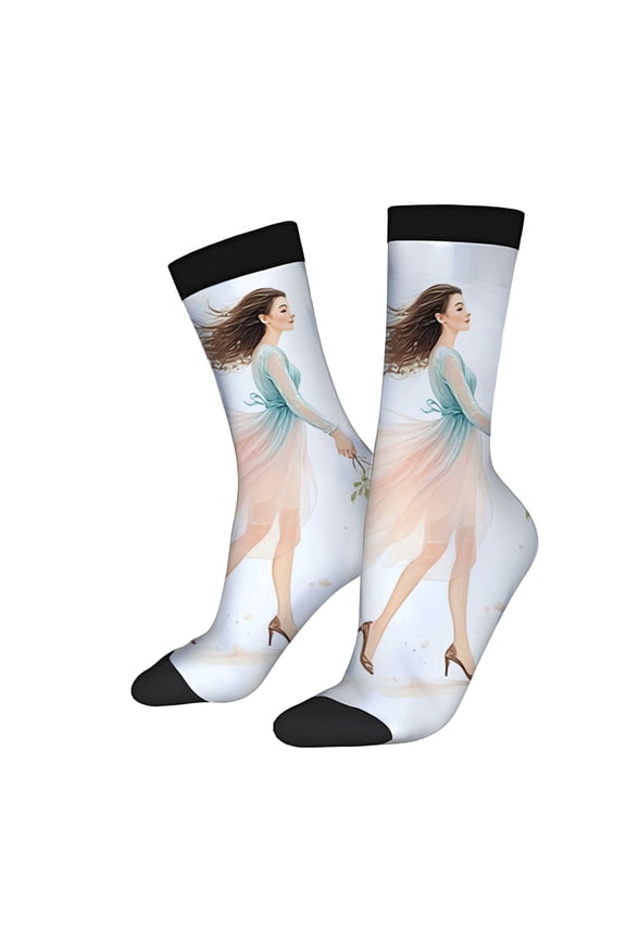 Unisex Trendy Socks - 2 Pairs with Whimsical Woman & Plant Design Ethereal Pastel Colors Perfect for All Seasons