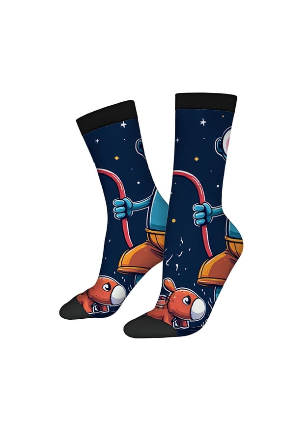 Unisex Trendy Space-Themed Socks (2 Pairs) - Creatures on Dark Blue Background Perfect for All Seasons