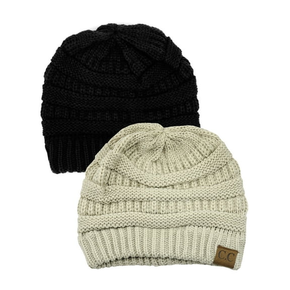Unisex Trendy Warm Chunky Soft Stretch Cable Knit Slouchy Beanie Skully (Gift Set- Black & Beige)