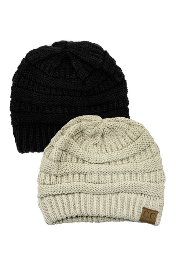 Unisex Trendy Warm Chunky Soft Stretch Cable Knit Slouchy Beanie Skully (Gift Set- Black & Beige)