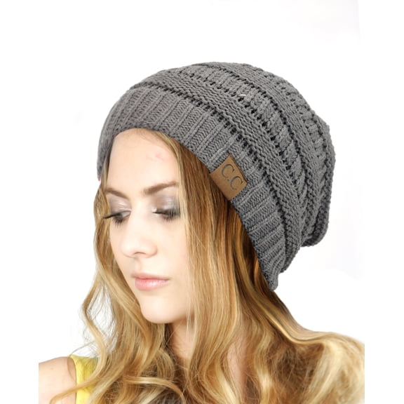 Unisex Trendy Warm Chunky Soft Stretch Cable Knit Slouchy Beanie Skully - Light Melange Gray