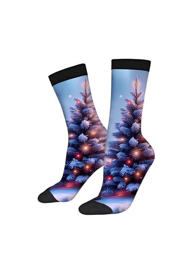 Unisex Trendy Winter Socks - 2 Pairs with Colorful Christmas Tree Design on Cozy Snowy Background Perfect for All Seasons