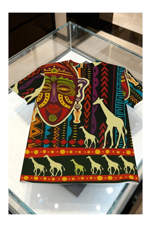 Unisex Tribal Pattern T-Shirt with Striking African Mask and Giraffe Prints, Available in Plus Sizes, Suitable for Casual Parties, a Versatile Statement Tee for All Seasons, Machine Washable