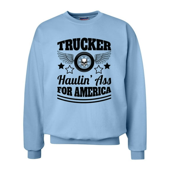 Unisex Trucker Haulin Ass For America Skull Tire Adult Crew Neck Sweatshirt-Light Blue-small