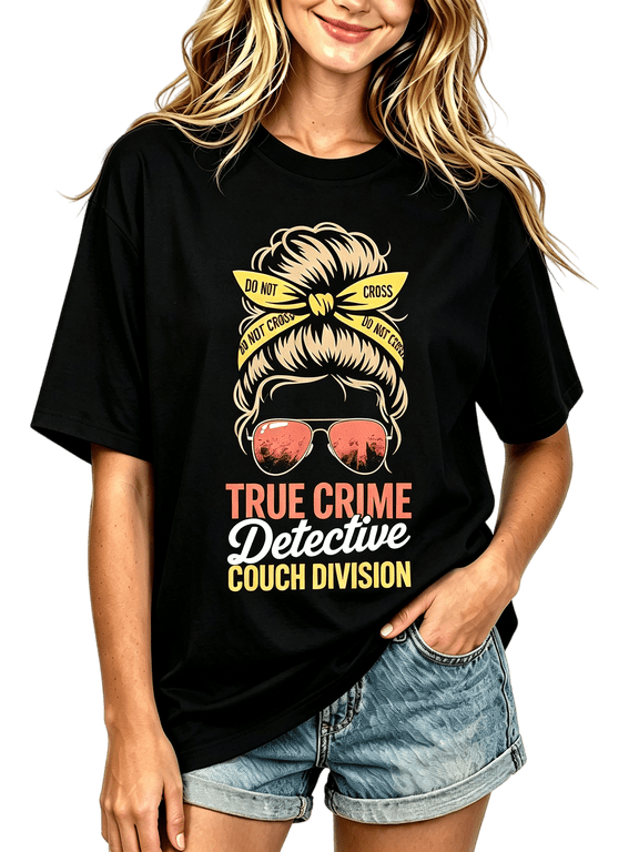 Unisex True Crime Detective Couch Division Messy Bun Do Not Cross Graphic Short Sleeve Crew Neck Casual T-Shirt