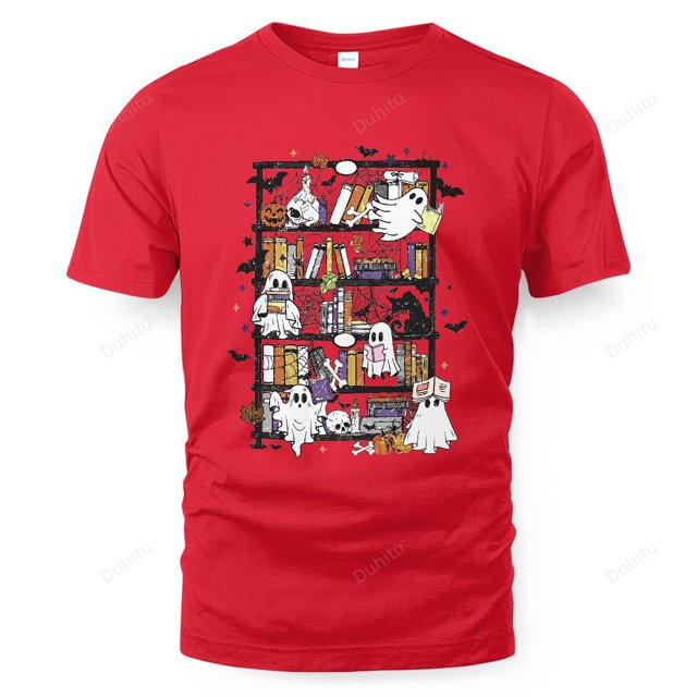 Unisex Tshirt New Retro Halloween Bookshelf Boo Ghost Reading Book