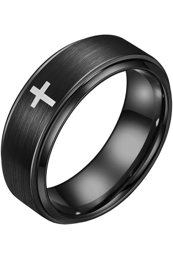 Unisex Tungsten Steel Simple Personality 8MM Matte Brushed Cross Signet Amulet Crucifix Ring Statement Band
