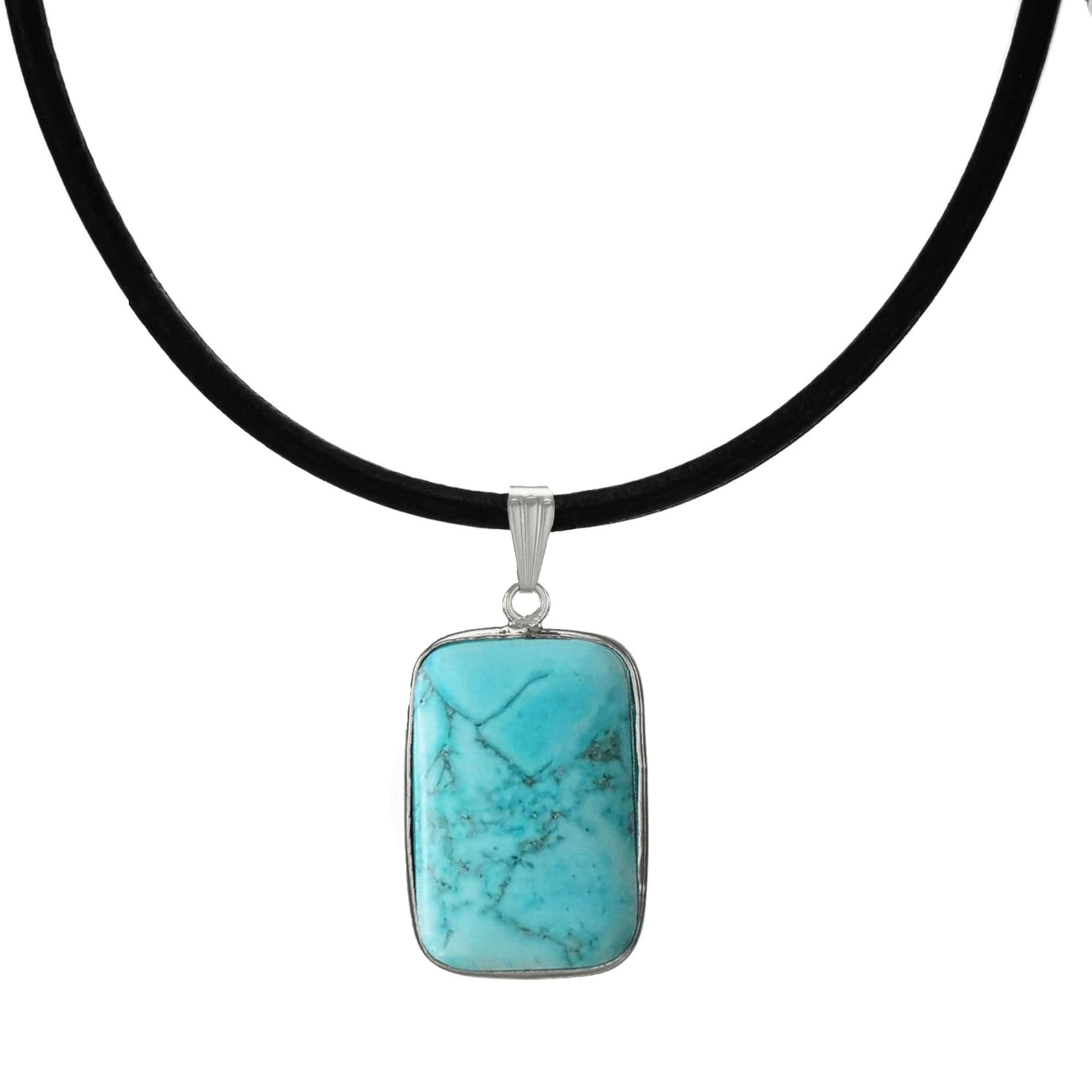 Unisex Turquoise Magnesite & Black Greek Leather Cord Necklace 24 inch