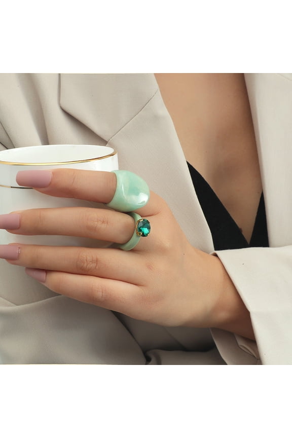 Unisex Two-Piece Acrylic Resin Ring Set - Geometric Forest Design, Light and Dark Green - One Size