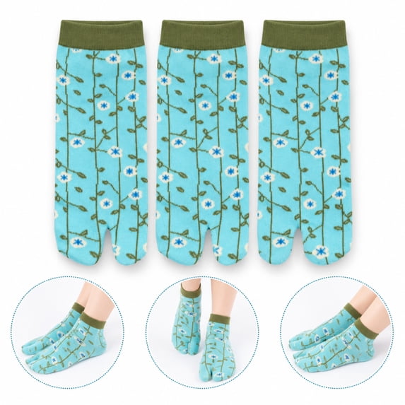 Unisex Two Toe Socks 3-Pack, Plant Print Split Toe Ankle Socks, Cute Low Cut Everyday Socks, Size 9-11