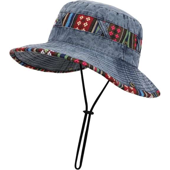 Unisex UPF 50+ Summer Bucket Hat, Boonie Hat Adjustable Washed Vintage Denim Hat, Breathable Packable cowboy Cotton Outdoor Sun Hat, Hiking Beach Sports Holiday Safari Hat for Men and Women