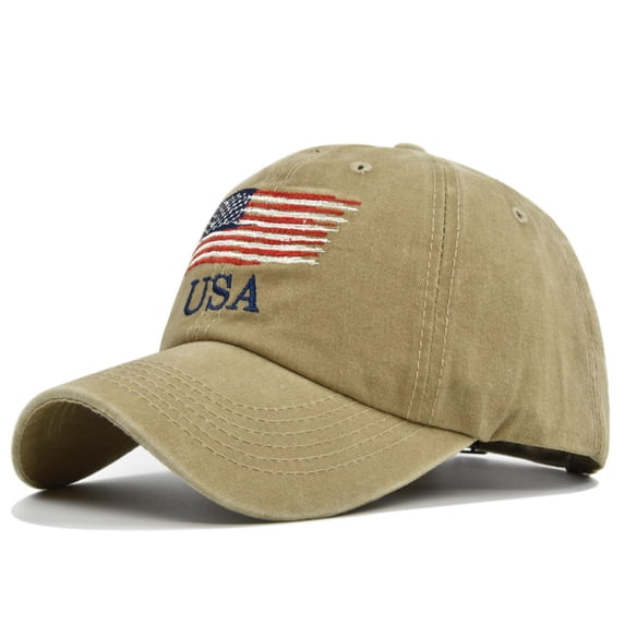 Unisex USA Flag Baseball Cap, Patriotic Embroidered Cotton Snapback Hat, Distressed Washed Adjustable Cap for 4th of July, Independence Day, Outdoor Events and Daily Wear-Khaki