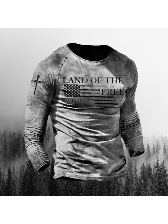 Unisex USA Flag Patriotic Long Sleeve T-Shirt Crew Neck Freedom Letter Jesus Cross Graphic Tee American Pride Casual Tops for Memorial Day Holiday