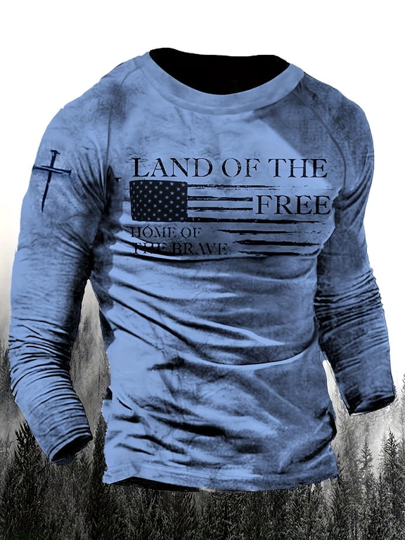 Unisex USA Flag Patriotic Long Sleeve T-Shirt Crew Neck Freedom Letter Jesus Cross Graphic Tee American Pride Casual Tops for Memorial Day Holiday