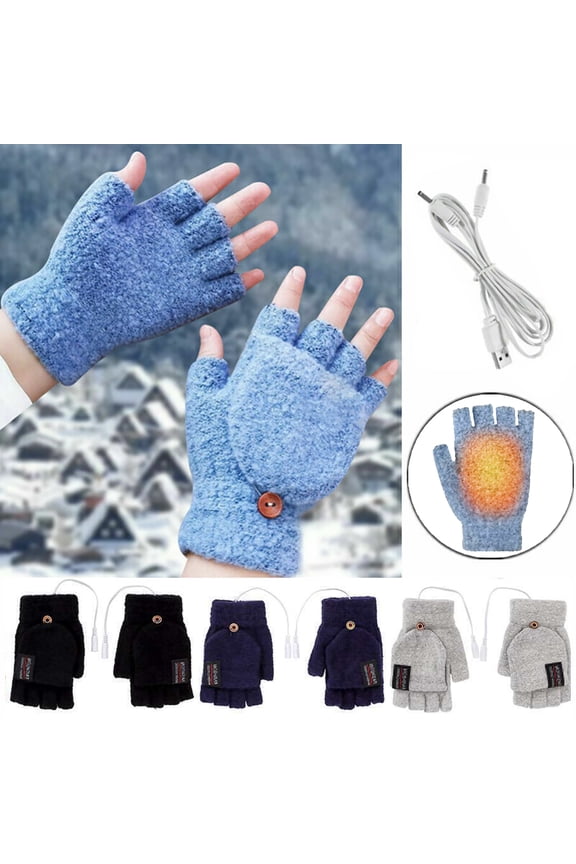 Unisex USB Heated Gloves Knitting Full & Half Finger Warmer with Button Washable Design, Winter Heating Gloves for Men Women (Blue)