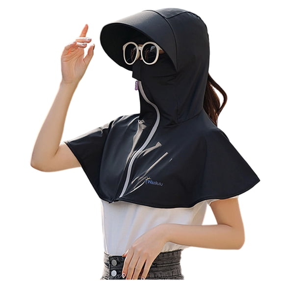 Unisex UV Protection Sun Hood Hat with Zipper, Full Face Neck Shoulder Cover Breathable Solid Color Sun Cap for Cycling Driving Hiking Spring Summer Black Free Size