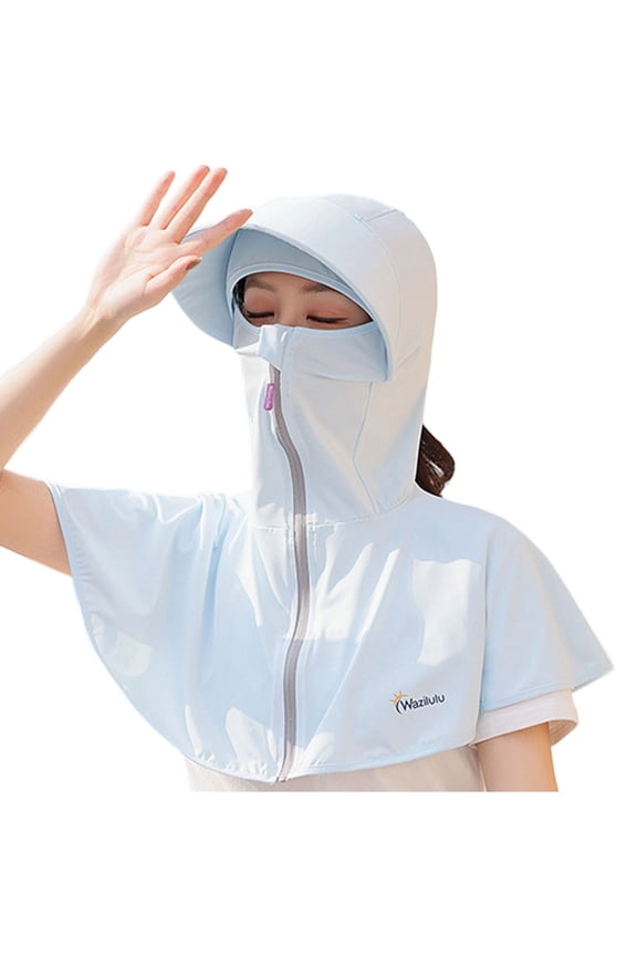 Unisex UV Protection Sun Hood Hat with Zipper, Full Face Neck Shoulder Cover Breathable Solid Color Sun Cap for Cycling Driving Hiking Spring Summer Blue Free Size