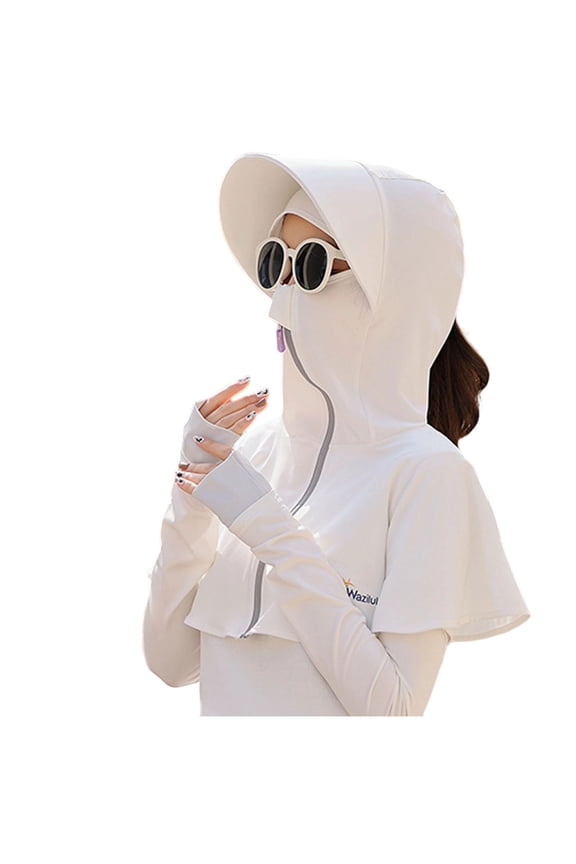 Unisex UV Protection Sun Hood Hat with Zipper, Full Face Neck Shoulder Cover Breathable Solid Color Sun Cap for Cycling Driving Hiking Spring Summer White Free Size