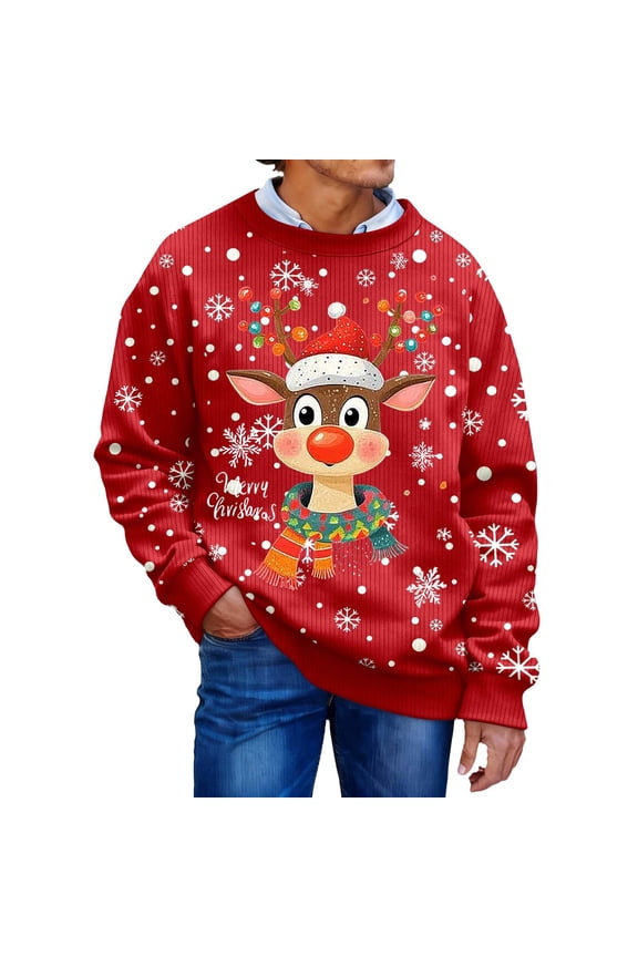 Unisex Ugly Christmas Sweater for Men Women Xmas Holiday Party Funny Print Knit Pullover,Red,M