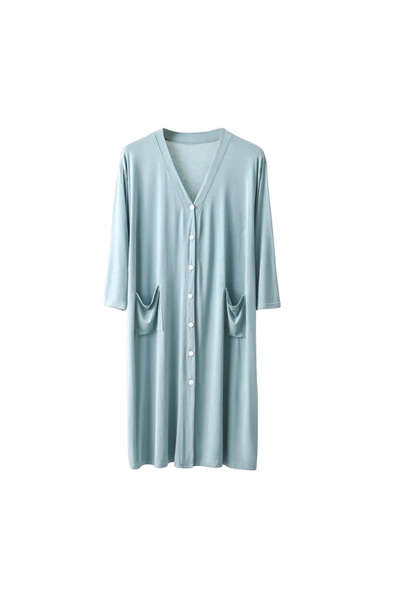Unisex V-Neck Button Down 3/4 Sleeve Bathrobe, Solid Loose Fit with Pockets Soft Casual Home Loungewear for Men Women Adults Mint Green L
