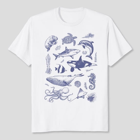 Unisex Vintage 90s Tattoo Sea Animal Graphic T-Shirt, Sizes S-5XL, Tbun Men's And Women's Graphic Tee 100% Cotton by TBun, Full Sizes S-5XL