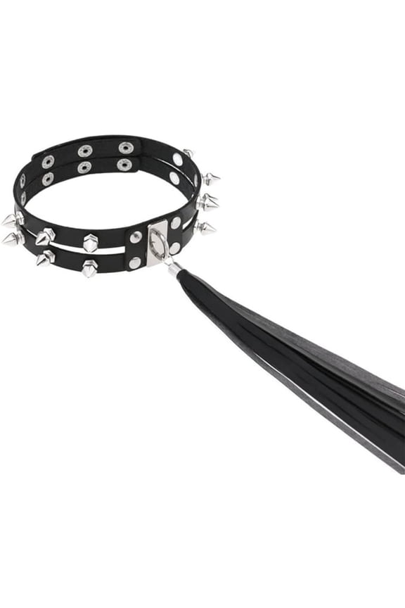 Unisex Vintage Collar with Long Fringe Gothic Rivet Choker Collar Faux Leather Spiked Necklace Neckband Choker