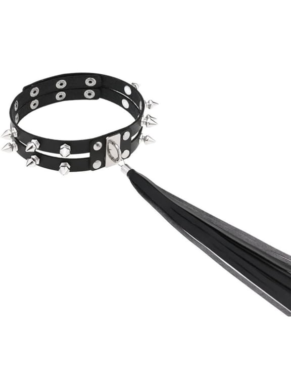 Unisex Vintage Collar with Long Fringe Gothic Rivet Choker Collar Faux Leather Spiked Necklace Neckband Choker