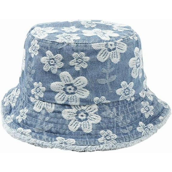 Unisex Vintage Cotton Denim Bucket Hat with Small Pocket - Sun Protection Fisherman Cap for Men Women Teens Outdoor Summer