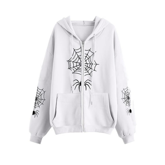 Unisex Vintage Hoodies Punk Spider Web Print Zipped Hooded Sweatshirts Grunge Long Sleeve Loose Coat for Autumn