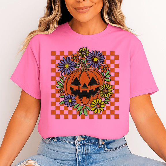 Unisex Vintage Pumpkin Checkerboard Halloween T-Shirt, 100% Cotton Graphic Tee – Gift for Halloween