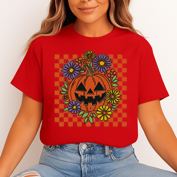 Unisex Vintage Pumpkin Checkerboard Halloween T-Shirt, 100% Cotton Graphic Tee – Gift for Halloween